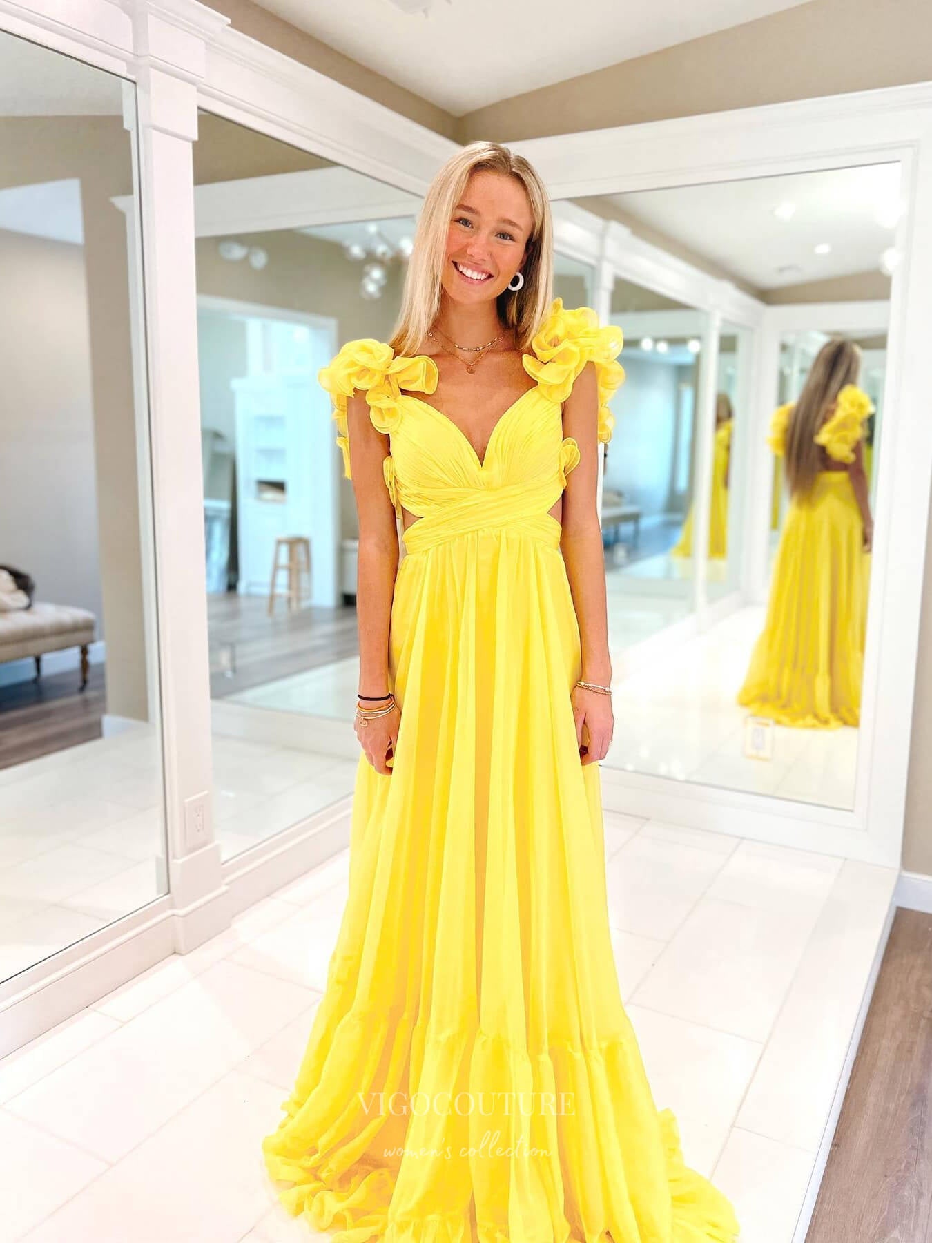 Yellow Chiffon Pleated Sheath Prom Dresses Tiered Strap Corset Back 24115-Prom Dresses-vigocouture-Yellow-Custom Size-vigocouture