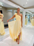Yellow Chiffon Sheath Cheap Prom Dresses One Shoulder High Low Dress 24114-Prom Dresses-vigocouture-Yellow-Custom Size-vigocouture