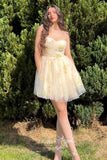 Yellow Floral Lace Homecoming Dresses Spaghetti Strap Short Prom Dress hc444-Prom Dresses-vigocouture-Yellow-Custom Size-vigocouture