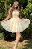 Yellow Floral Lace Homecoming Dresses Spaghetti Strap Short Prom Dress hc444-Prom Dresses-vigocouture-Yellow-Custom Size-vigocouture