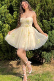 Yellow Floral Lace Homecoming Dresses Spaghetti Strap Short Prom Dress hc444