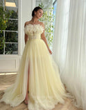 Yellow Floral Prom Dresses with Slit Strapless Formal Gown with Pockets 24498