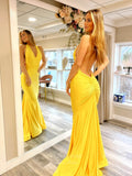 Yellow Halter Neck Open Back Prom Dresses Satin Mermaid V-Neck 24061-Prom Dresses-vigocouture-Yellow-Custom Size-vigocouture