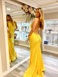 Yellow Halter Neck Open Back Prom Dresses Satin Mermaid V-Neck 24061-Prom Dresses-vigocouture-Yellow-Custom Size-vigocouture