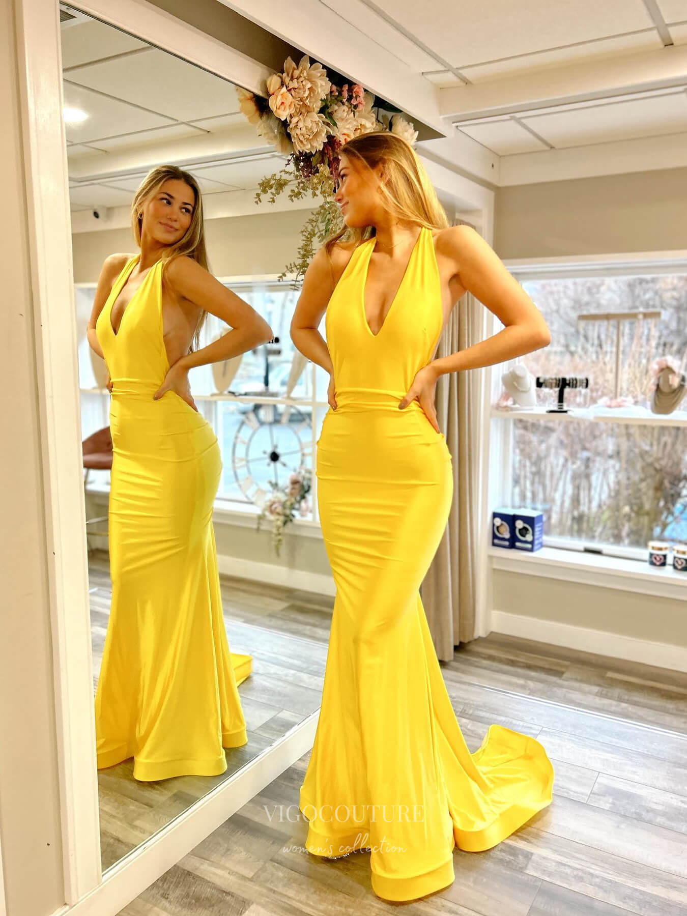 Yellow Halter Neck Open Back Prom Dresses Satin Mermaid V-Neck 24061 -  Yellow / Custom Size