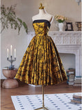 Yellow Jacquard Satin Homecoming Dress Strapless Tea-Length Dress hc330-Prom Dresses-vigocouture-Yellow-Custom Size-vigocouture