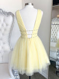 Yellow Lace Applique Hoco Dress Sparkly Tulle Graduation Dress with Plunging V-Neck hc258-Prom Dresses-vigocouture-Yellow-US0-vigocouture