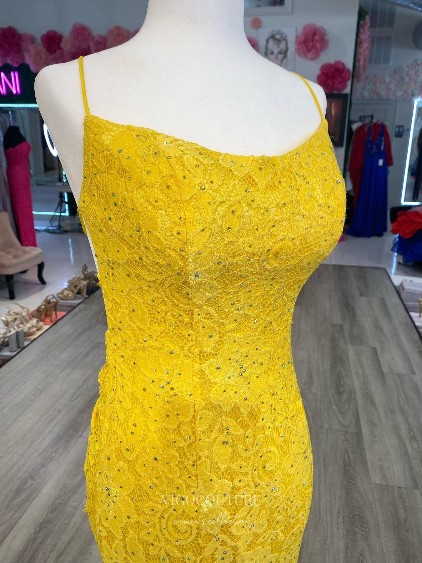 Yellow Lace Applique Mermaid Cheap Prom Dresses Spaghetti Strap Evening Dress 24161-Prom Dresses-vigocouture-Yellow-Custom Size-vigocouture