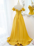 vigocouture-Gold Off the Shoulder Prom Dress 2022 V-Neck Party Dress 20518-Prom Dresses-vigocouture-