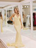 Yellow Pleated Satin Spaghetti Strap Prom Dresses Mermaid Corset Back 24099-Prom Dresses-vigocouture-Yellow-Custom Size-vigocouture