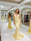 Yellow Pleated Satin Spaghetti Strap Prom Dresses Mermaid Corset Back 24099