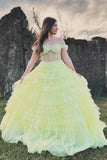 Yellow Pleated Tiered Prom Dresses 2024 Off the Shoulder Sheer Boned Bodice 24290-Prom Dresses-vigocouture-Yellow-Custom Size-vigocouture