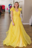 Yellow Ruffled Organza Cheap Prom Dresses with Slit Crossed Pleated Bodice 24263-Prom Dresses-vigocouture-Yellow-Custom Size-vigocouture