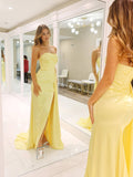 Yellow Satin Mermaid Prom Dresses with Slit Pleated Strapless Side Skirt 24464-Prom Dresses-vigocouture-Yellow-Custom Size-vigocouture