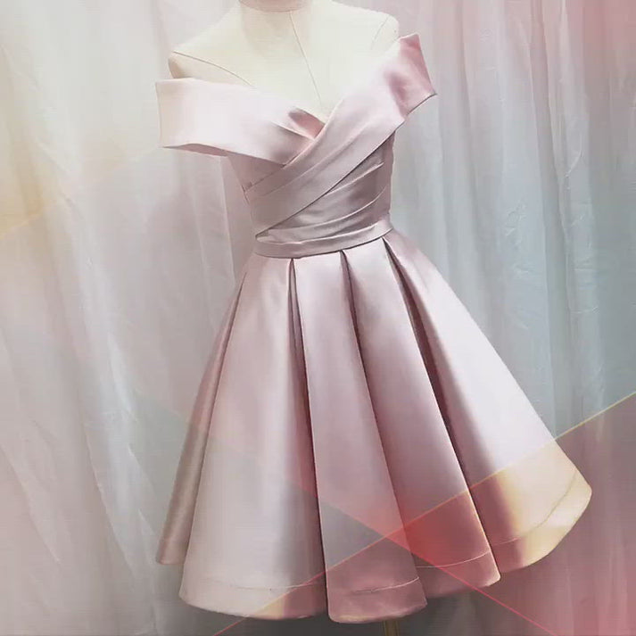 Vintage Pink Off-the-shoulder Homecoming Dress Satin Sheath Party Dress Short Cocktail Dress DP6745