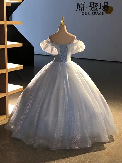 Vestido de fiesta azul claro brillante con hombros descubiertos para quinceañera 22349 