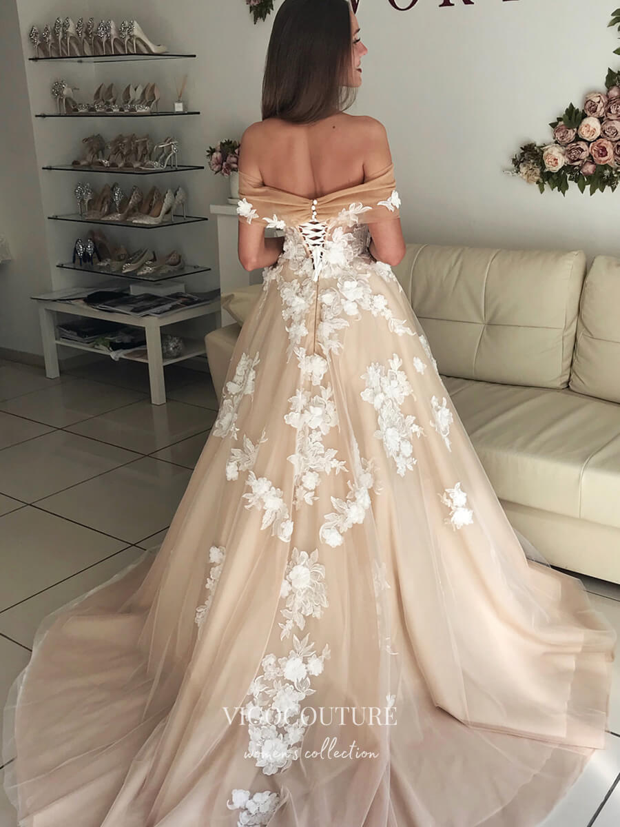 vigocouture-3D Flower Lace Applique Wedding Dresses Off the Shoulder Wedding Gown W0040-Wedding Dresses-vigocouture-