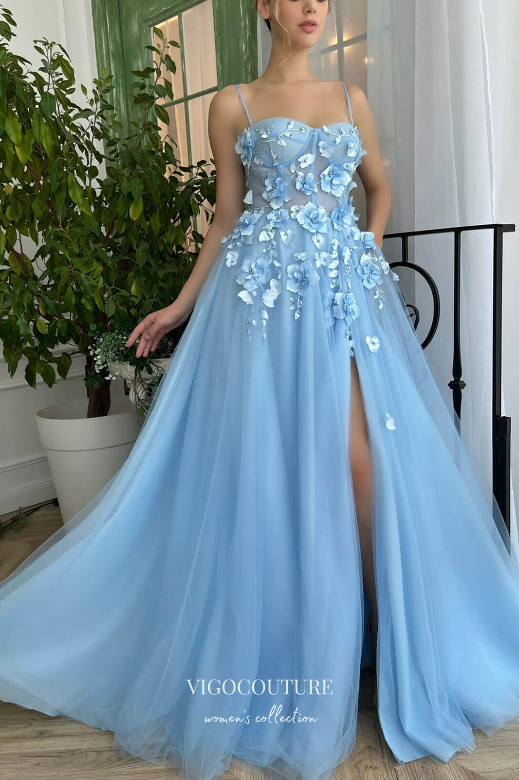 vigocouture-3D Flower Prom Dresses Spaghetti Strap Formal Dresses 21579-Prom Dresses-vigocouture-Light Blue-US2-