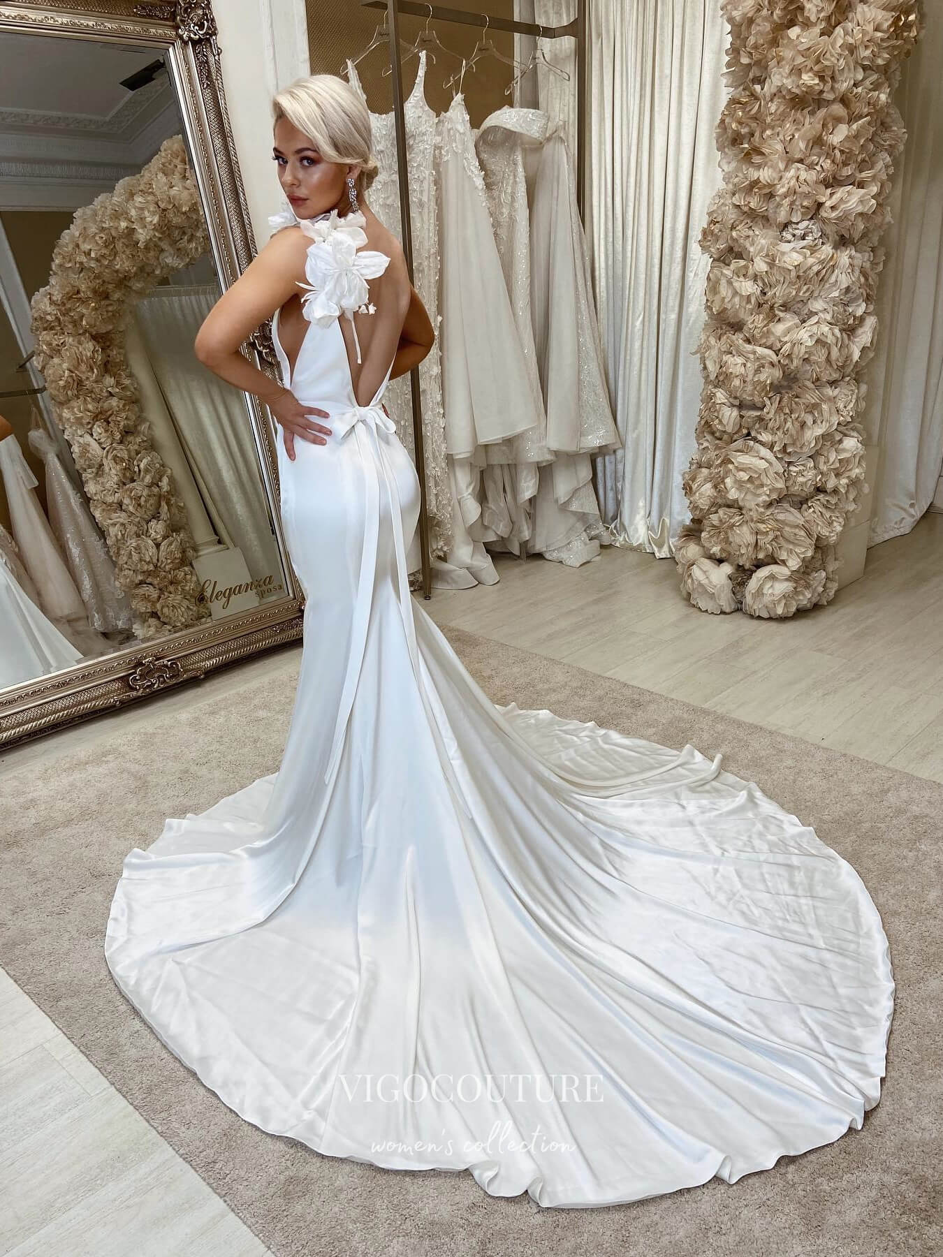 vigocouture-3D Flower Satin Wedding Dresses Plunging V-Neck Mermaid Bridal Dresses W0027-Wedding Dresses-vigocouture-