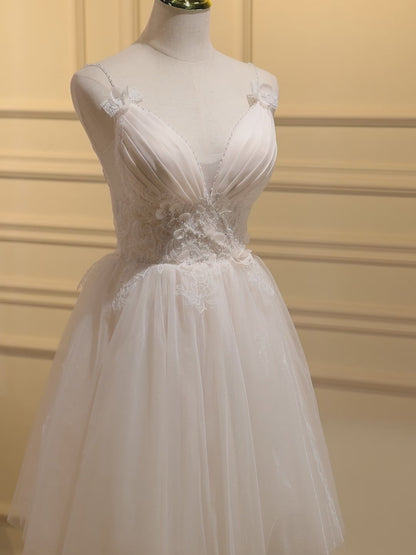 Ivory Spaghetti Strap Homecoming Dresses V-Neck Lace Applique Hoco Dresses hc190