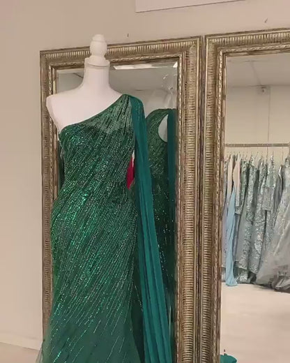 Vestido de fiesta de sirena con cuentas y un solo hombro 21620