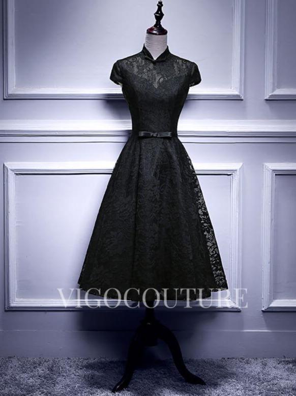 vigocouture-A-line Lace Homecoming Dress Mid-length High Neck Prom Dress 20276-Prom Dresses-vigocouture-Black-US2-