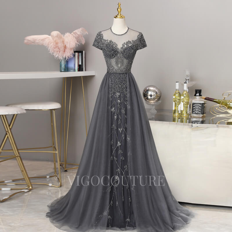 vigocouture-A-line Round Neck Beaded Prom Dresses 20019-Prom Dresses-vigocouture-Grey-US2-