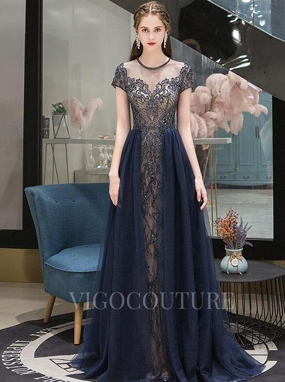 vigocouture-A-line Round Neck Beaded Prom Dresses 20019-Prom Dresses-vigocouture-Navy Blue-US2-