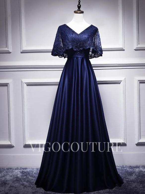 vigocouture-A-line Satin Evening Dress Lace V-Neck Prom Dress 20278-Prom Dresses-vigocouture-Navy Blue-US2-