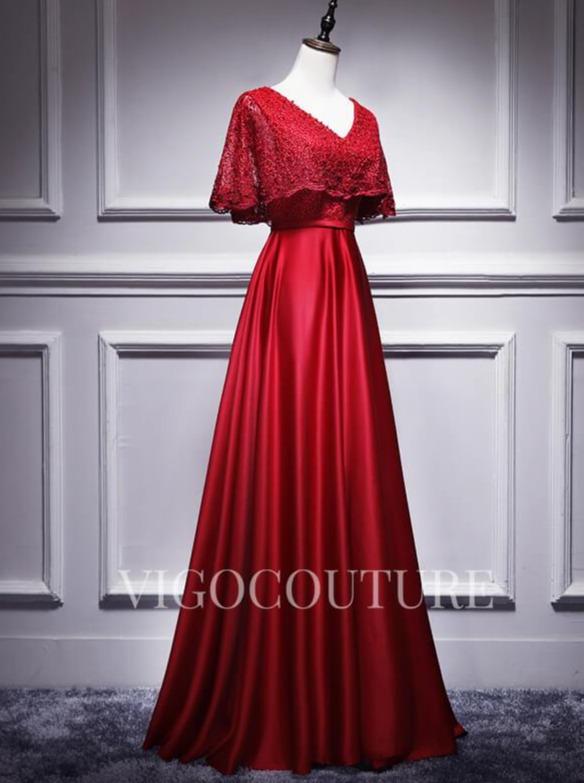 vigocouture-A-line Satin Evening Dress Lace V-Neck Prom Dress 20278-Prom Dresses-vigocouture-Red-US2-