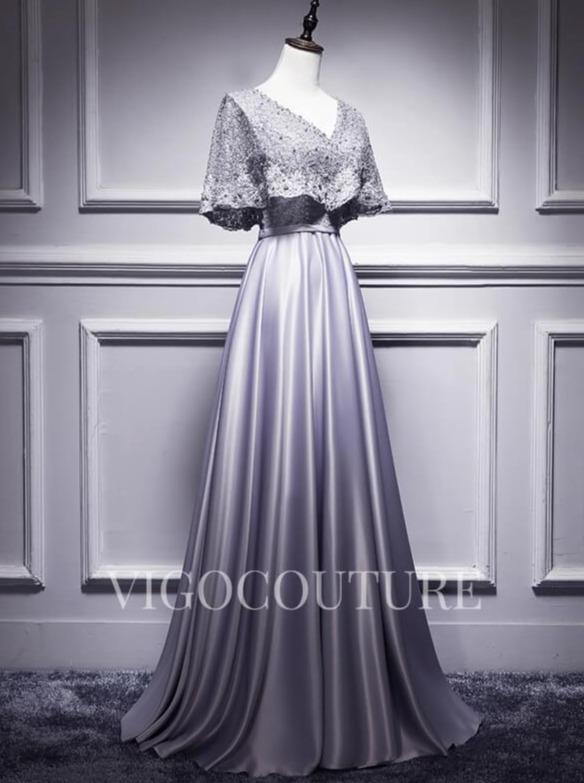 vigocouture-A-line Satin Evening Dress Lace V-Neck Prom Dress 20278-Prom Dresses-vigocouture-Silver-US2-