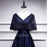 vigocouture-A-line Satin Evening Dress Mid-length Lace V-Neck Prom Dress 20278-Prom Dresses-vigocouture-