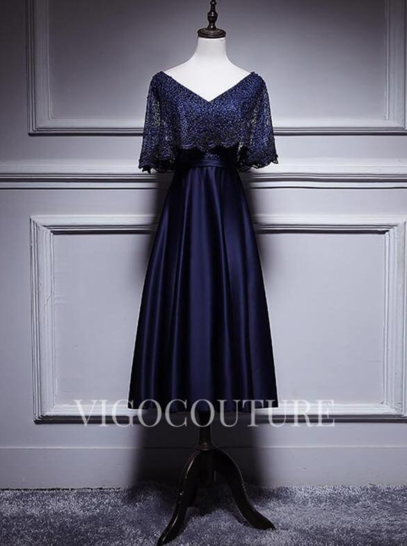 vigocouture-A-line Satin Evening Dress Mid-length Lace V-Neck Prom Dress 20278-Prom Dresses-vigocouture-Navy Blue-US2-