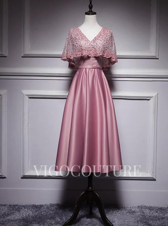 vigocouture-A-line Satin Evening Dress Mid-length Lace V-Neck Prom Dress 20278-Prom Dresses-vigocouture-Pink-US2-