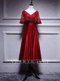 vigocouture-A-line Satin Evening Dress Mid-length Lace V-Neck Prom Dress 20278-Prom Dresses-vigocouture-Red-US2-