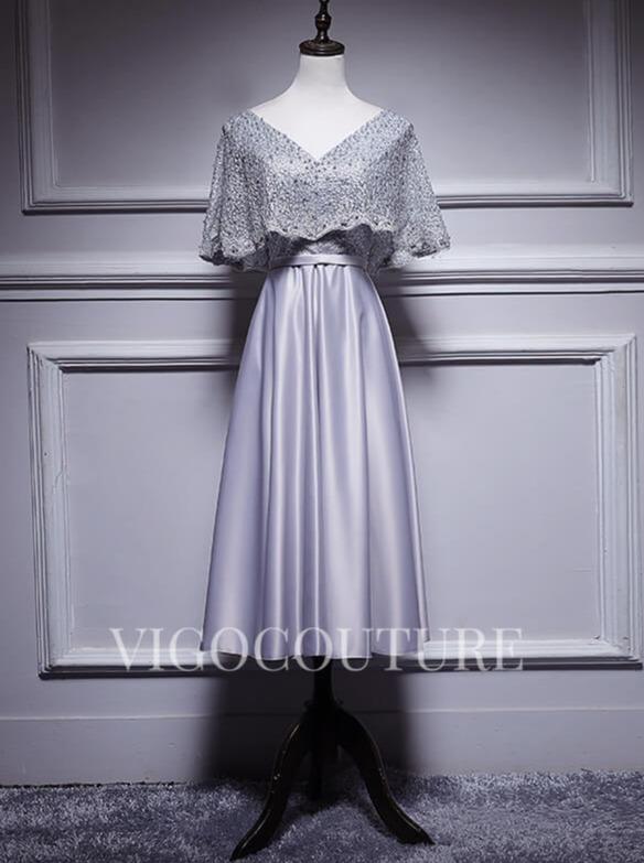 vigocouture-A-line Satin Evening Dress Mid-length Lace V-Neck Prom Dress 20278-Prom Dresses-vigocouture-Silver-US2-