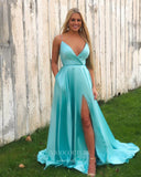 Aqua Satin Prom Dresses with Slit Spaghetti Strap Evening Dress 21987-Prom Dresses-vigocouture-Aqua-US2-vigocouture