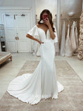 vigocouture-Batwing Sleeve Satin Wedding Dresses Plunging V-Neck Bridal Dresses W0025-Wedding Dresses-vigocouture-As Pictured-US2-