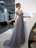 vigocouture-Beaded A-line Prom Dress Round Neck Evening Dresses 20060-Prom Dresses-vigocouture-Grey-US2-