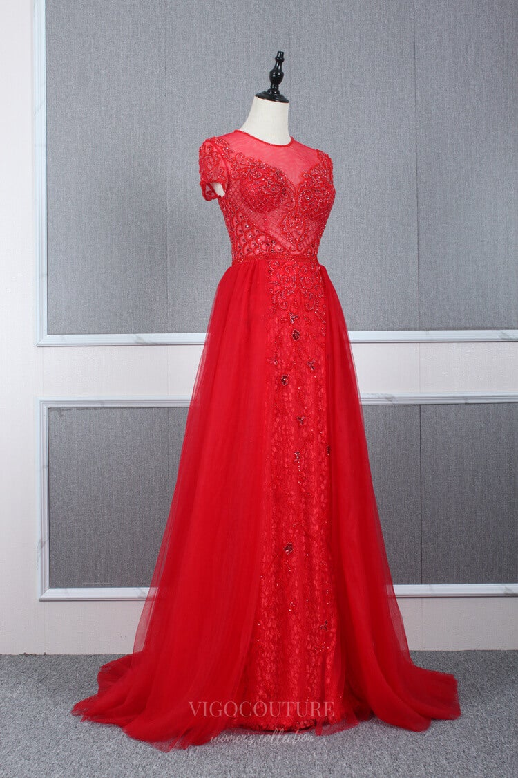 vigocouture-Beaded A-line Prom Dress Round Neck Evening Dresses 20060-Prom Dresses-vigocouture-Red-US2-