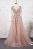 vigocouture-Beaded A-Line Prom Dresses Long Sleeve Evening Dresses 20763-Prom Dresses-vigocouture-Blush-US2-