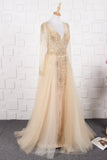 vigocouture-Beaded A-Line Prom Dresses Long Sleeve Evening Dresses 20763-Prom Dresses-vigocouture-Champagne-US2-