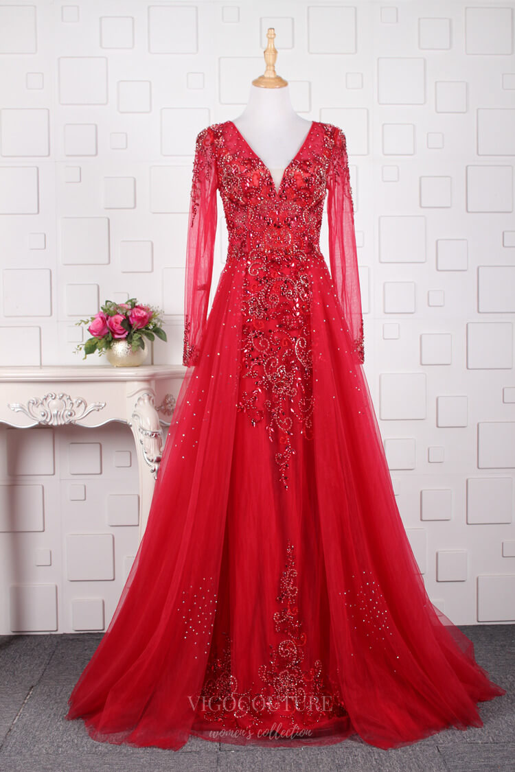 vigocouture-Beaded A-Line Prom Dresses Long Sleeve Evening Dresses 20763-Prom Dresses-vigocouture-Red-US2-