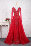 vigocouture-Beaded A-Line Prom Dresses Long Sleeve Evening Dresses 20763-Prom Dresses-vigocouture-Red-US2-