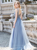vigocouture-Beaded A-Line Prom Dresses Plunging V-Neck Evening Dresses 20797-Prom Dresses-vigocouture-