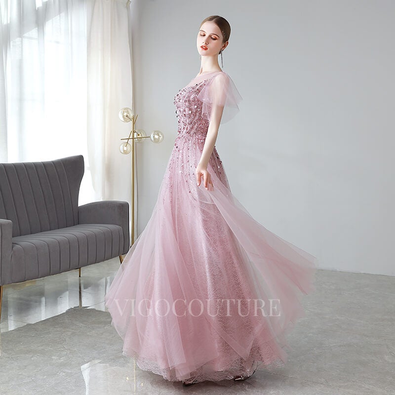 vigocouture-Beaded A-line Short Sleeve Prom Dress 20037-Prom Dresses-vigocouture-