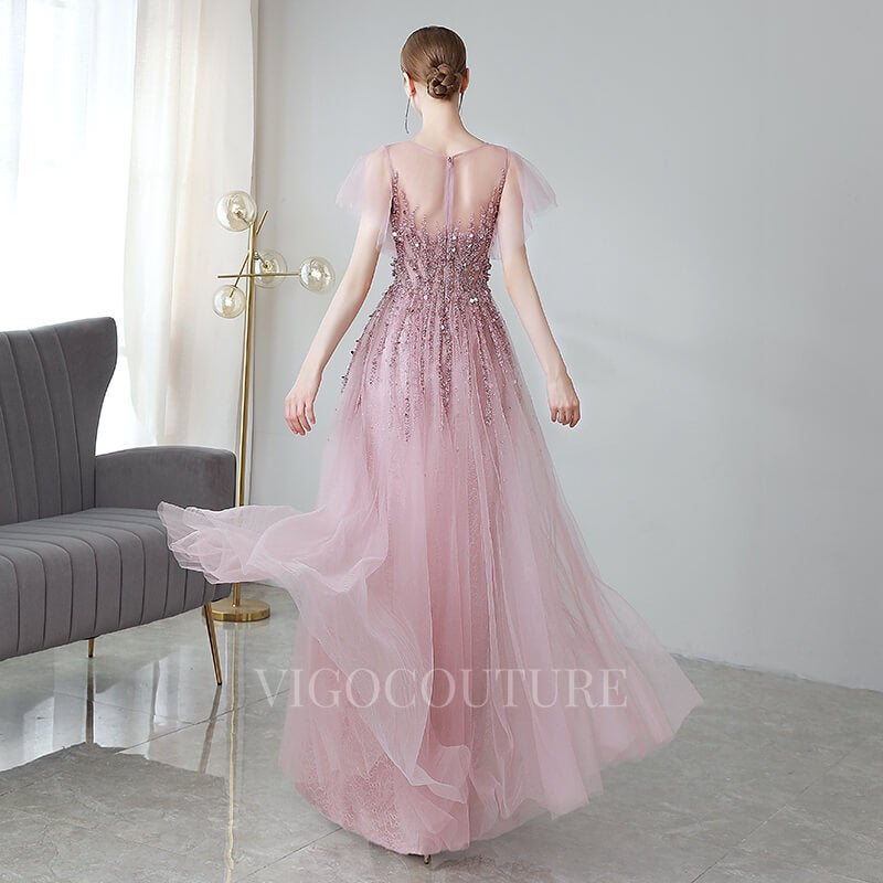 vigocouture-Beaded A-line Short Sleeve Prom Dress 20037-Prom Dresses-vigocouture-