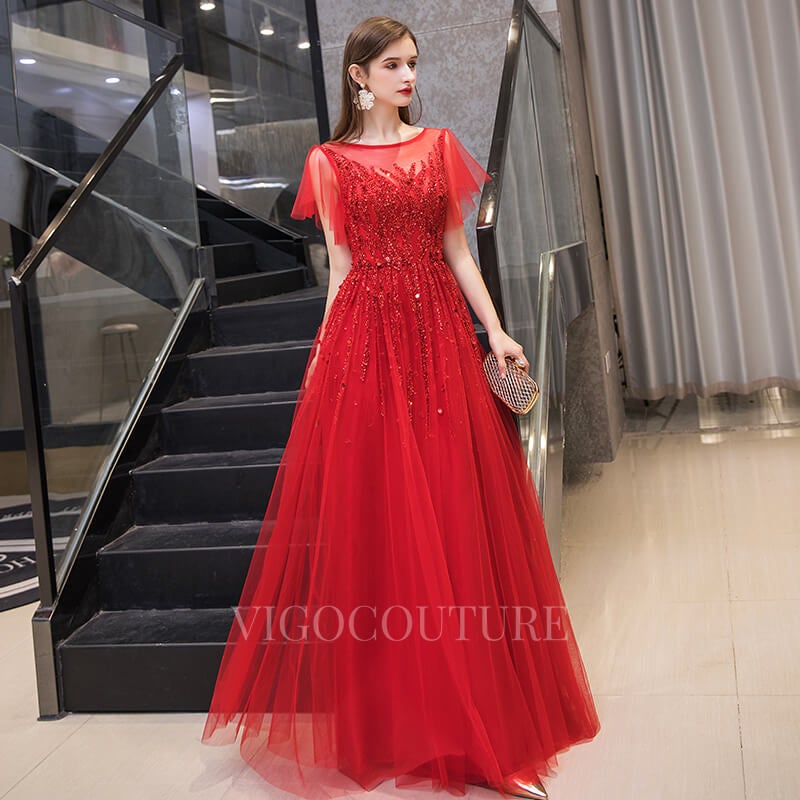 vigocouture-Beaded A-line Short Sleeve Prom Dress 20037-Prom Dresses-vigocouture-Red-US2-