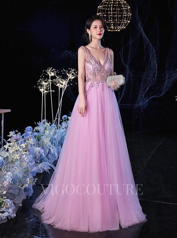 vigocouture-Beaded A-line V-neck Prom Dress 20141-Prom Dresses-vigocouture-Pink-US2-