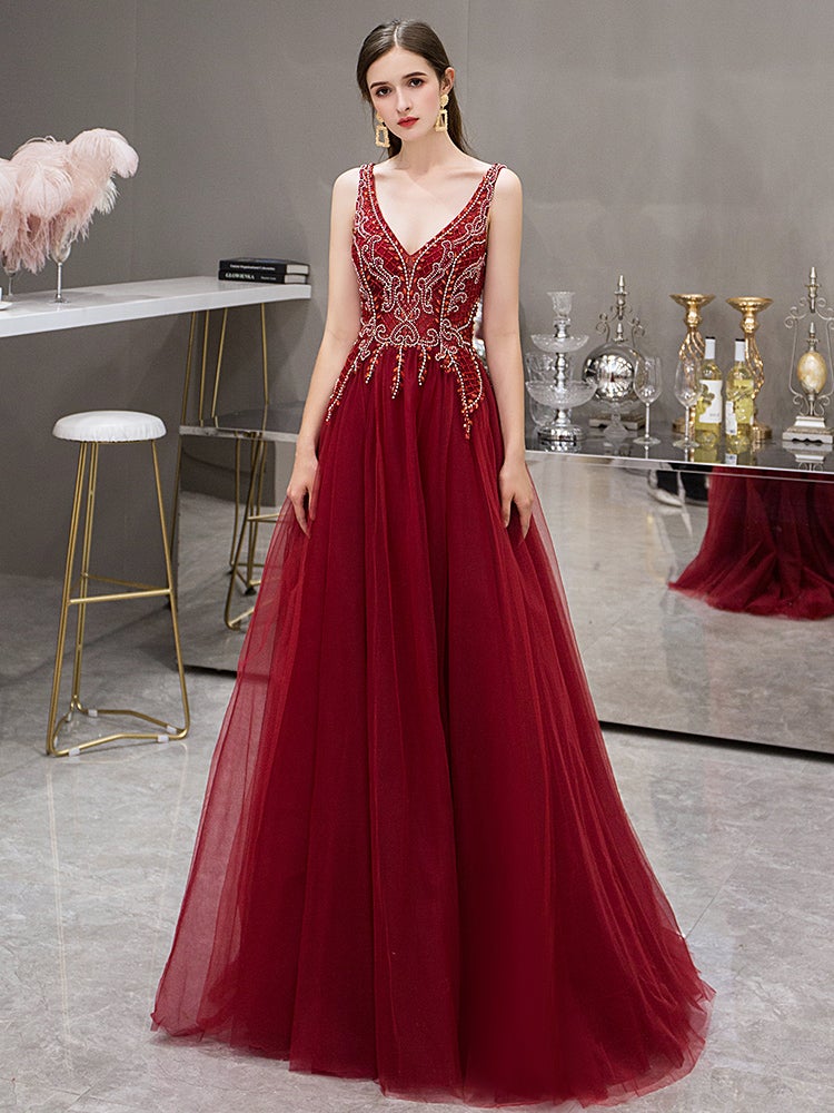 vigocouture-Beaded A-line V-neck Prom Dress 20141-Prom Dresses-vigocouture-Red-US2-